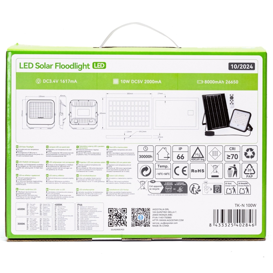 Aigostar - Dimeriuojamas saulės LED prožektorius LED/100W/3,4V 3000/4000/6500K IP66 8000 mAh + nuotolinis valdymas