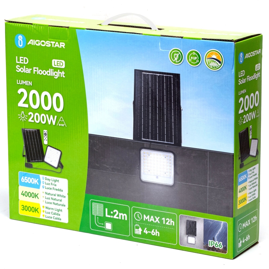 Aigostar - Dimeriuojamas saulės LED prožektorius LED/200W/3,4V 3000/4000/6500K IP66 16000 mAh + nuotolinis valdymas