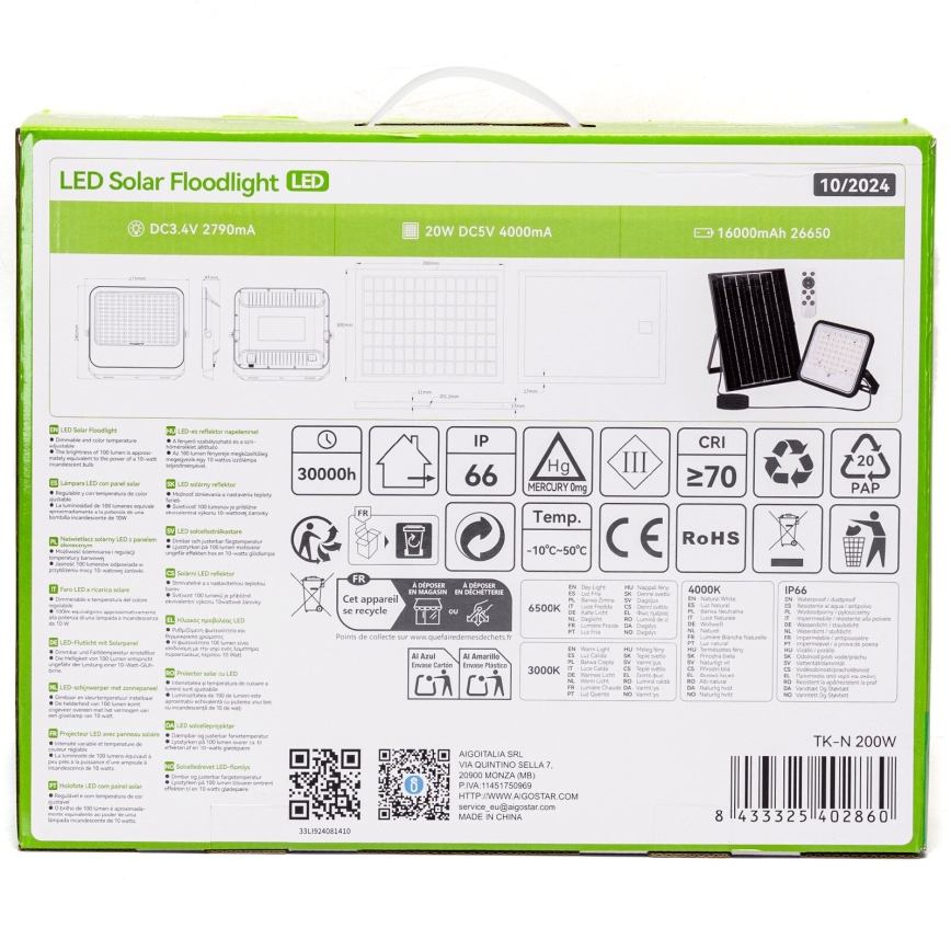 Aigostar - Dimeriuojamas saulės LED prožektorius LED/200W/3,4V 3000/4000/6500K IP66 16000 mAh + nuotolinis valdymas