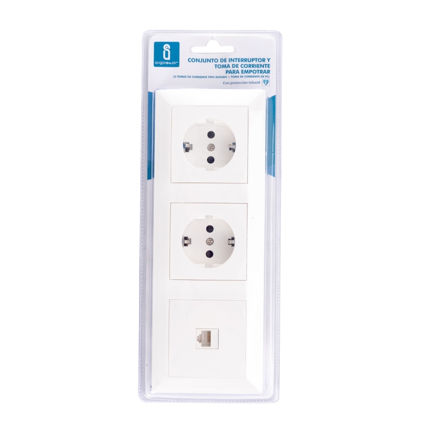 Aigostar - Ethernet lizdas ir 2 SCHUKO lizdai su baltu rėmeliu