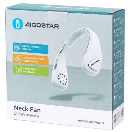 Aigostar - Įkraunamas kaklo ventiliatorius 4W/5V 2000mAh balta