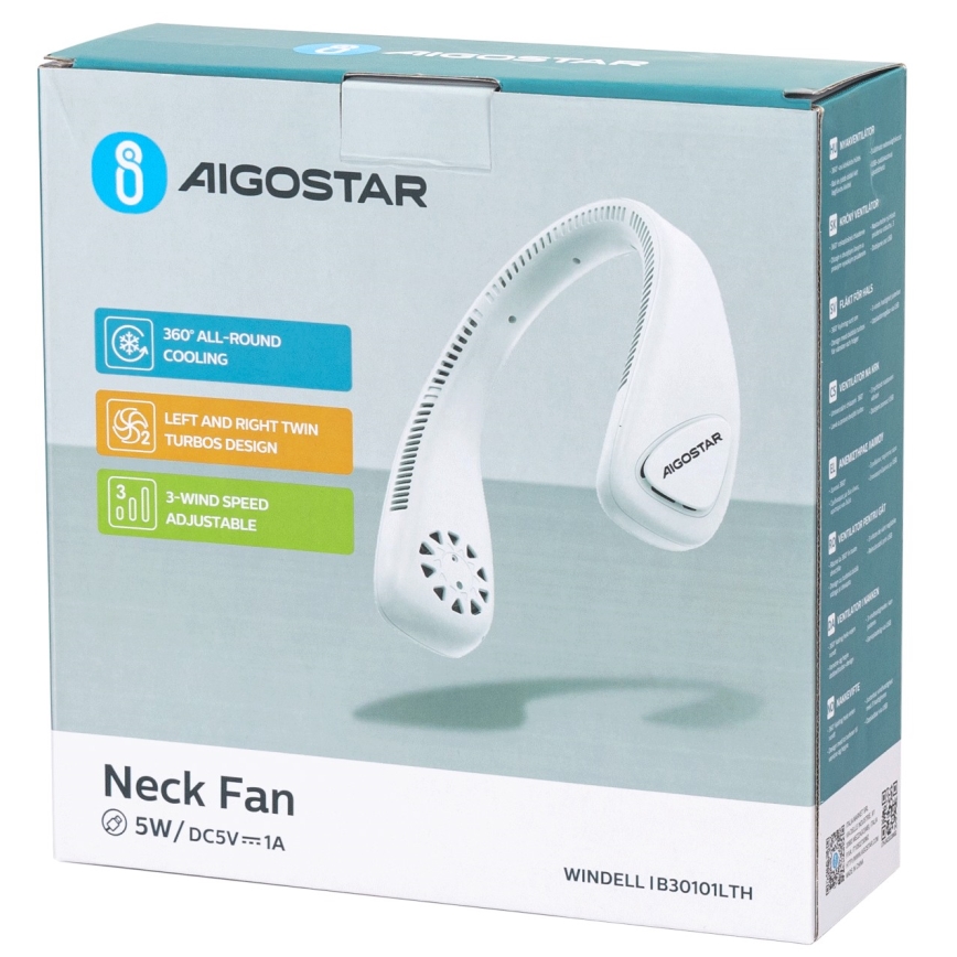 Aigostar - Įkraunamas kaklo ventiliatorius 4W/5V 2000mAh balta