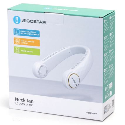 Aigostar - Įkraunamas kaklo ventiliatorius 4W/5V 2000mAh balta