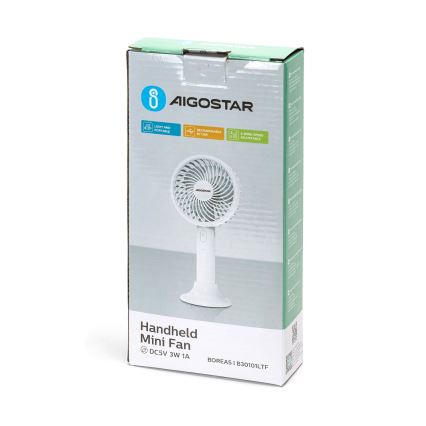 Aigostar - Įkraunamas kišeninis ventiliatorius 3W/5V 1500mAh USB balta