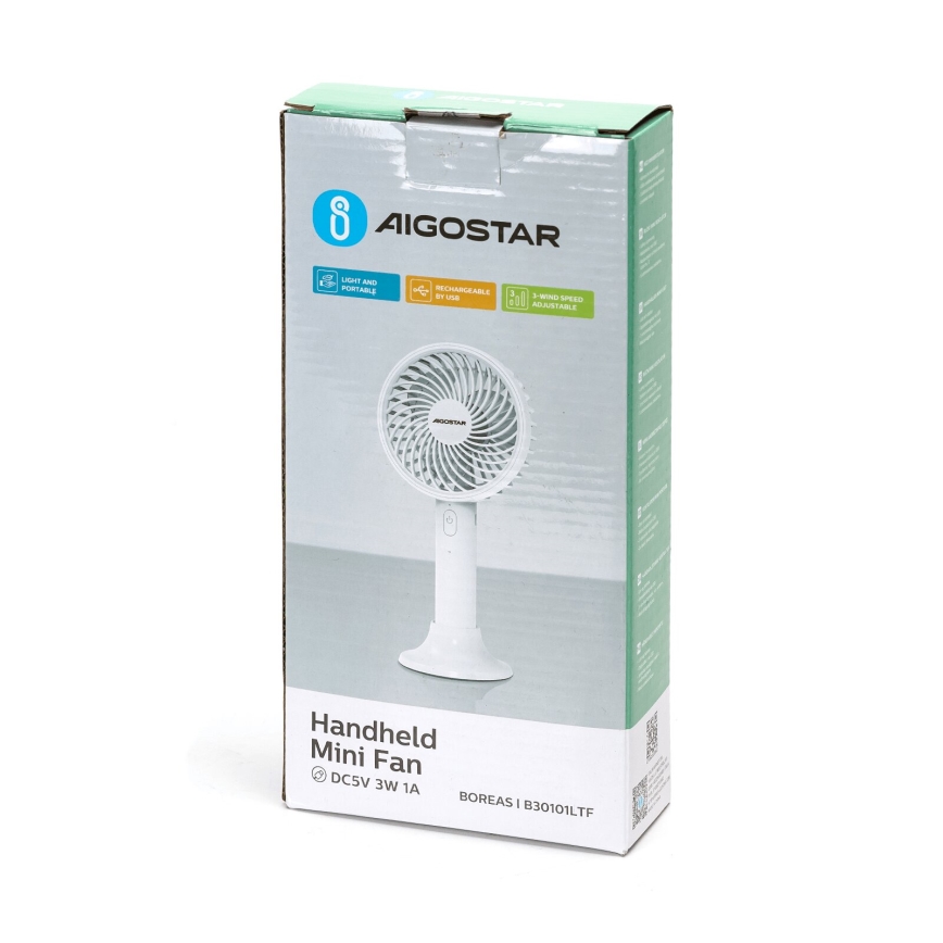 Aigostar - Įkraunamas kišeninis ventiliatorius 3W/5V 1500mAh USB balta