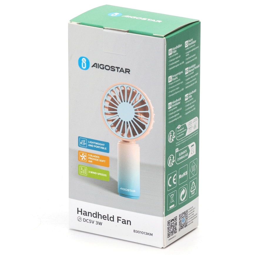 Aigostar - Įkraunamas kišeninis ventiliatorius 3W/5V 500mAh USB rausva/mėlyna