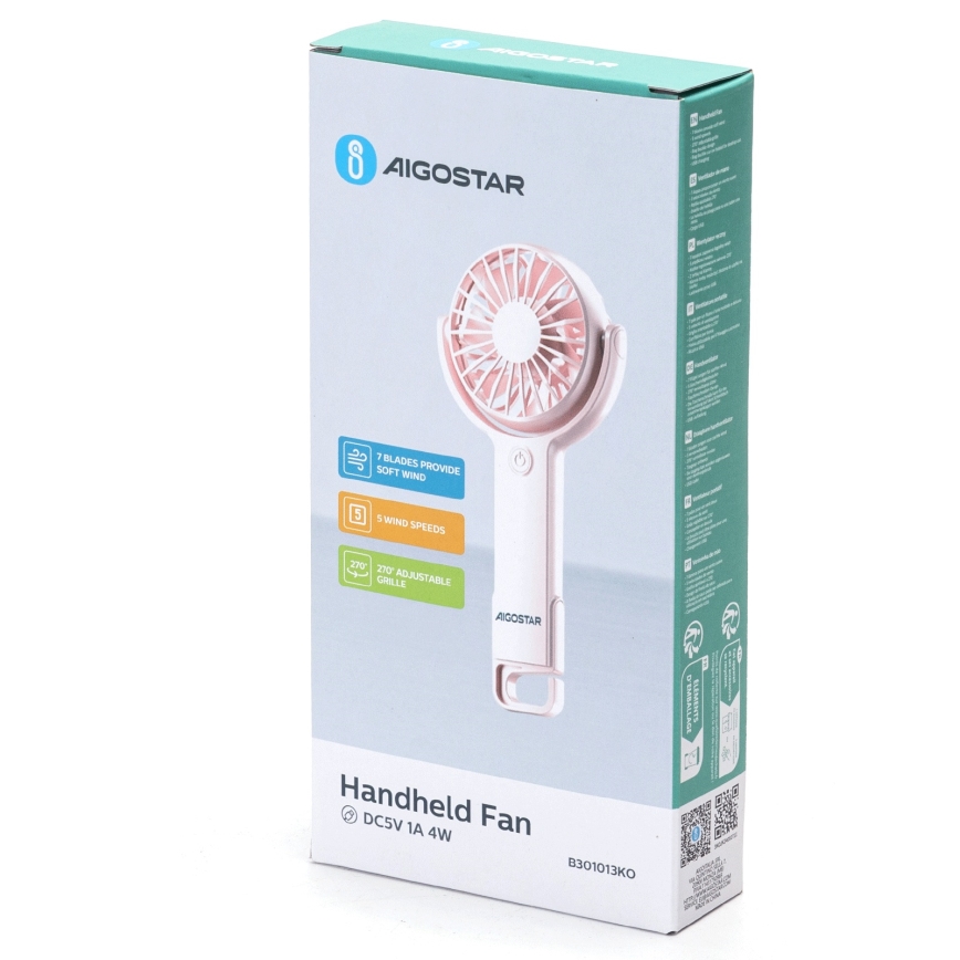 Aigostar - Įkraunamas kišeninis ventiliatorius 4,5W/3,7V 1200mAh USB rausva
