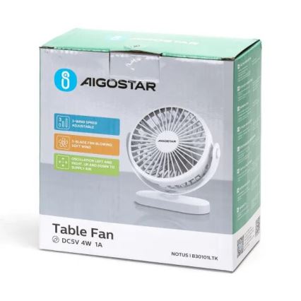 Aigostar - Įkraunamas stalinis ventiliatorius 4 W/5 V 1500 mAh baltas
