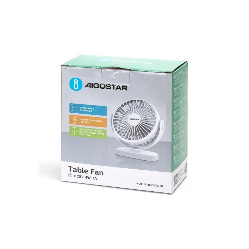 Aigostar - Įkraunamas stalinis ventiliatorius 4 W/5 V 1500 mAh baltas