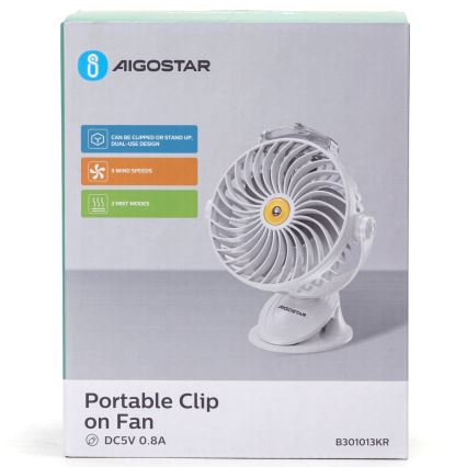 Aigostar - Įkraunamas stalo ventiliatorius su segtuku 2W/5V 2400mAh USB balta
