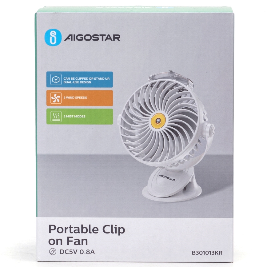 Aigostar - Įkraunamas stalo ventiliatorius su segtuku 2W/5V 2400mAh USB balta