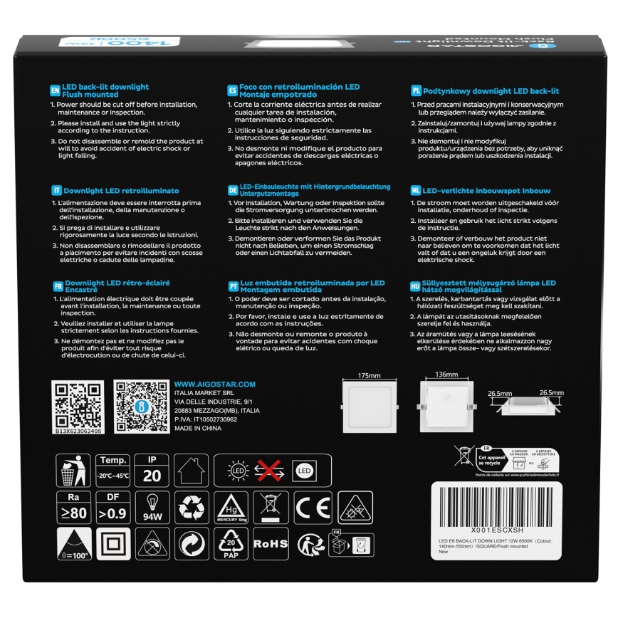 Aigostar - įleidžiamas LED šviestuvas 12W/230V 6500K 17,5x17,5 cm, baltas
