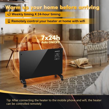 Aigostar - Išmanusis elektrinis tiesioginis šildytuvas/konvektorius su LCD ekranu ECO/1000/2000W Wi-Fi