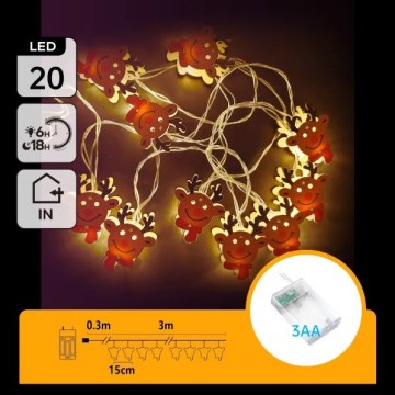 Aigostar - Kalėdinė LED girlianda 20xLED/3xAA 3m šilta balta šiaurinis elnias