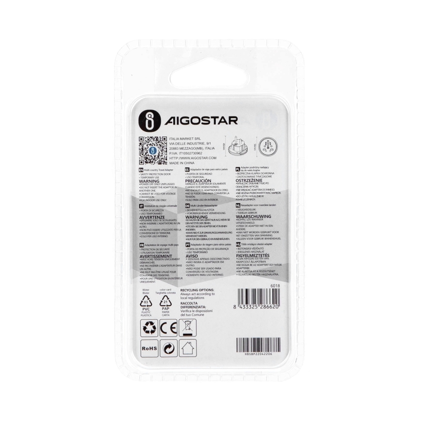 Aigostar - Kelioninis ES adapteris, baltas