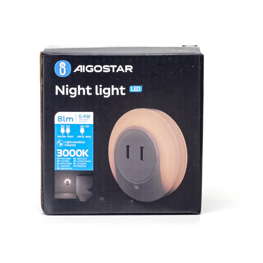 Aigostar - LED naktinis šviestuvas su sutemų jutikliu, kištukinis, su USB LED/0,4W/230V
