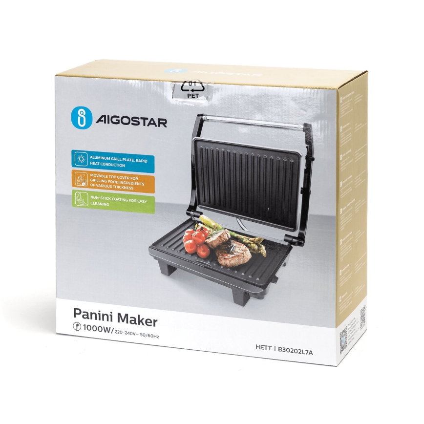 Aigostar - Kontaktinis grilis 1000W/230V juoda/matinis chromas