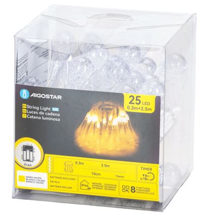 Aigostar - LED lauko kalėdinė girlianda 25xLED/8 funkcijų 3xAA 2,5 m IP44 šiltai balta lašai