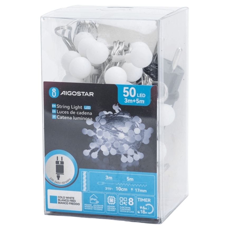 Aigostar - LED lauko dekoratyvinė girlianda 50xLED/8 funkcijų 5 m IP44 šaltai balta