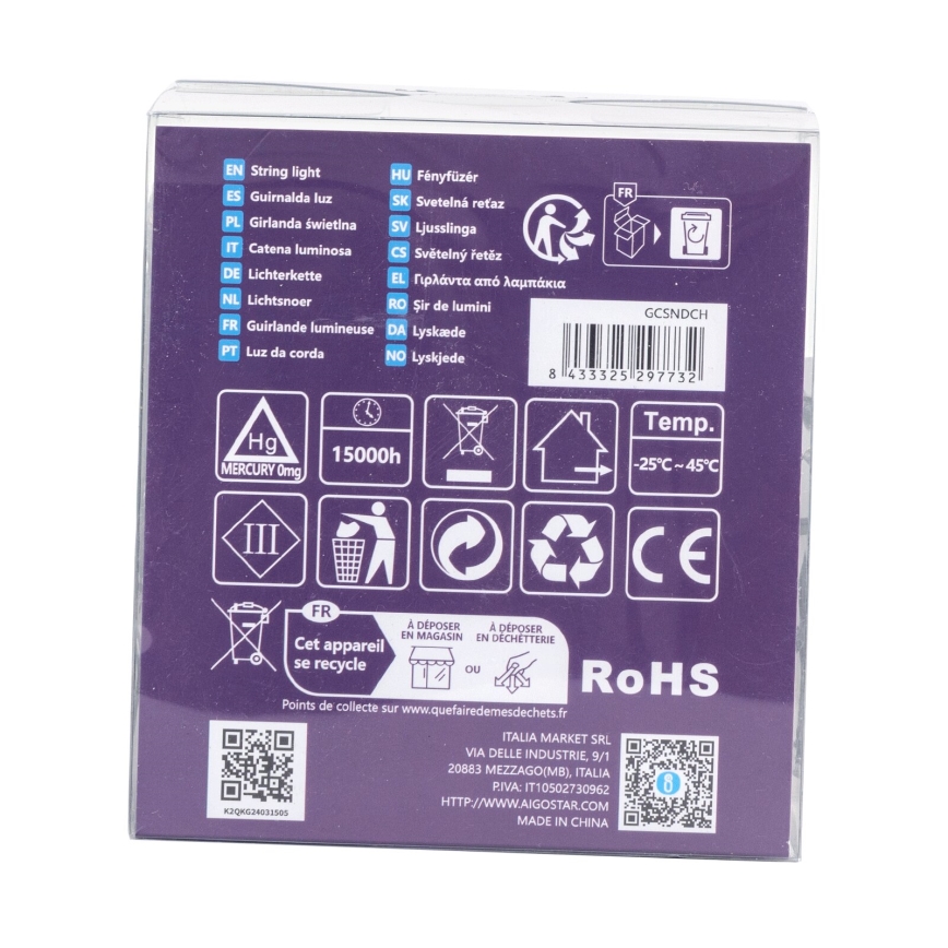 Aigostar - lauko LED girlianda, 200 LED / 8 funkcijų, maitinimas 3 × AA, 10,3 m, IP44, daugiaspalvė