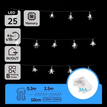 Aigostar - Lauko LED girlianda 25xLED/8 funkcijų 3xAA 2,5 m IP44 šaltai balta