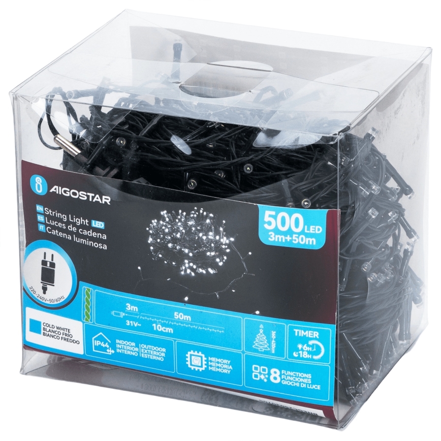 Aigostar - Lauko LED girlianda, 500 LED / 8 režimai, 53 m, IP44, šaltai balta