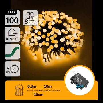 Aigostar - lauko LED kalėdinė girlianda 100xLED/8 funkcijų 3xAA 10,3m IP44 šiltai balta