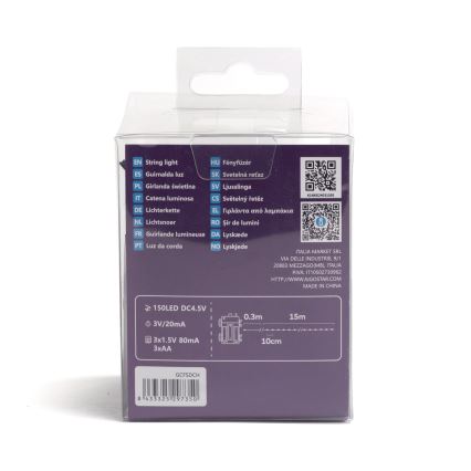 Aigostar - LED Lauko Kalėdinė girlianda 150xLED/8 funkcijos/3xAA 15,3m IP44 šaltai balta