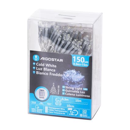 Aigostar - LED Lauko kalėdinė girlianda 150xLED/8 funkcijos 15,3 m IP44 šaltai balta