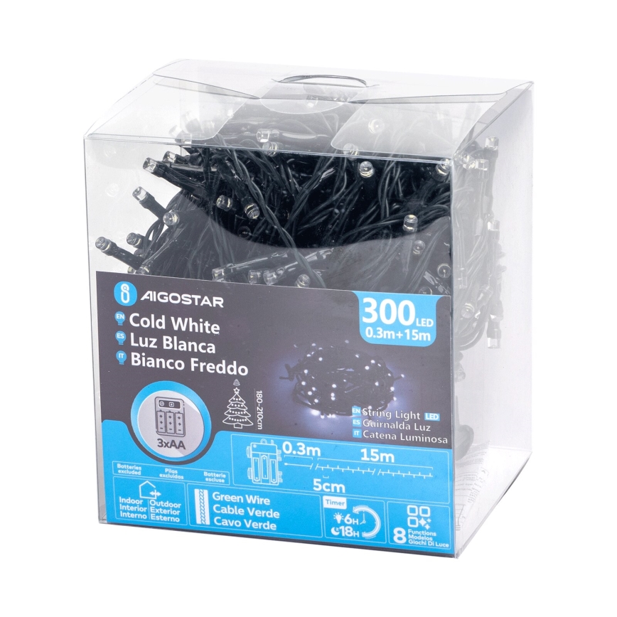 Aigostar - LED Lauko kalėdinė girlianda 300xLED/8 funkcijos 15,3 m IP44 šaltai balta