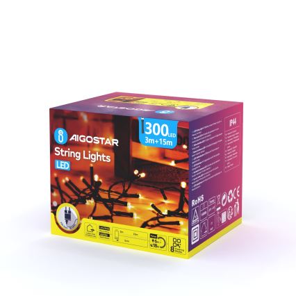 Aigostar - LED Lauko kalėdinė girlianda 300xLED/8 funkcijos 18m IP44 šiltai balta