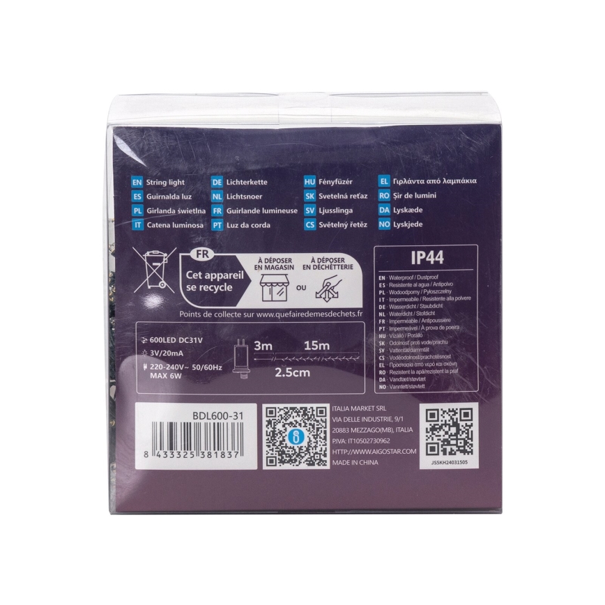 Aigostar - lauko LED kalėdinė girlianda, 600 LED, 8 režimai, 18 m, IP44, šiltai balta