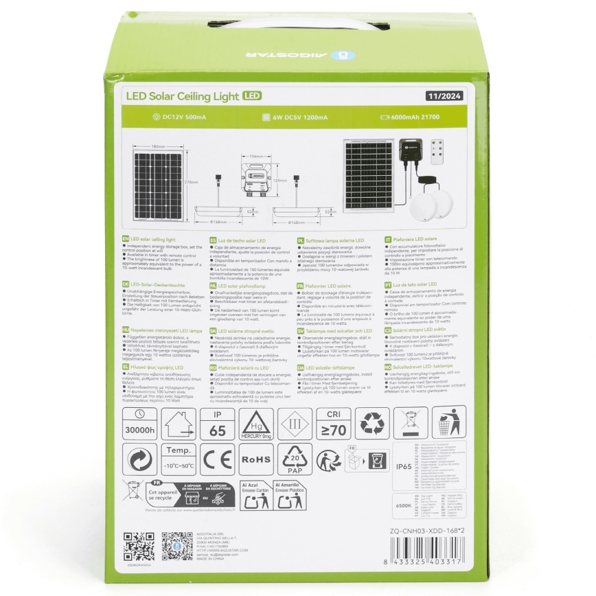 Aigostar - LED apšvietimas, įkraunamas saulės energija 2xLED/35W/12V 6000 mAh 6500K diametras 16,8 cm + nuotolinio valdymo pultas