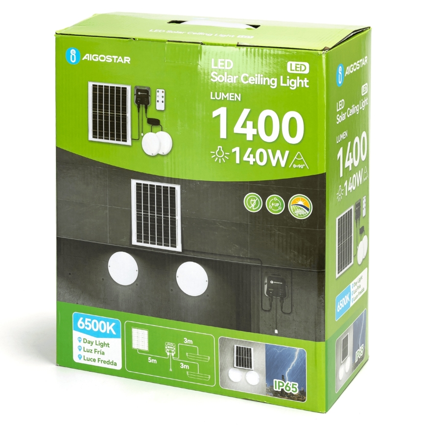 Aigostar - LED apšvietimas, įkraunamas saulės energija 2xLED/70W/12V 12000 mAh 6500K diametras 20,5 cm + nuotolinio valdymo pultas