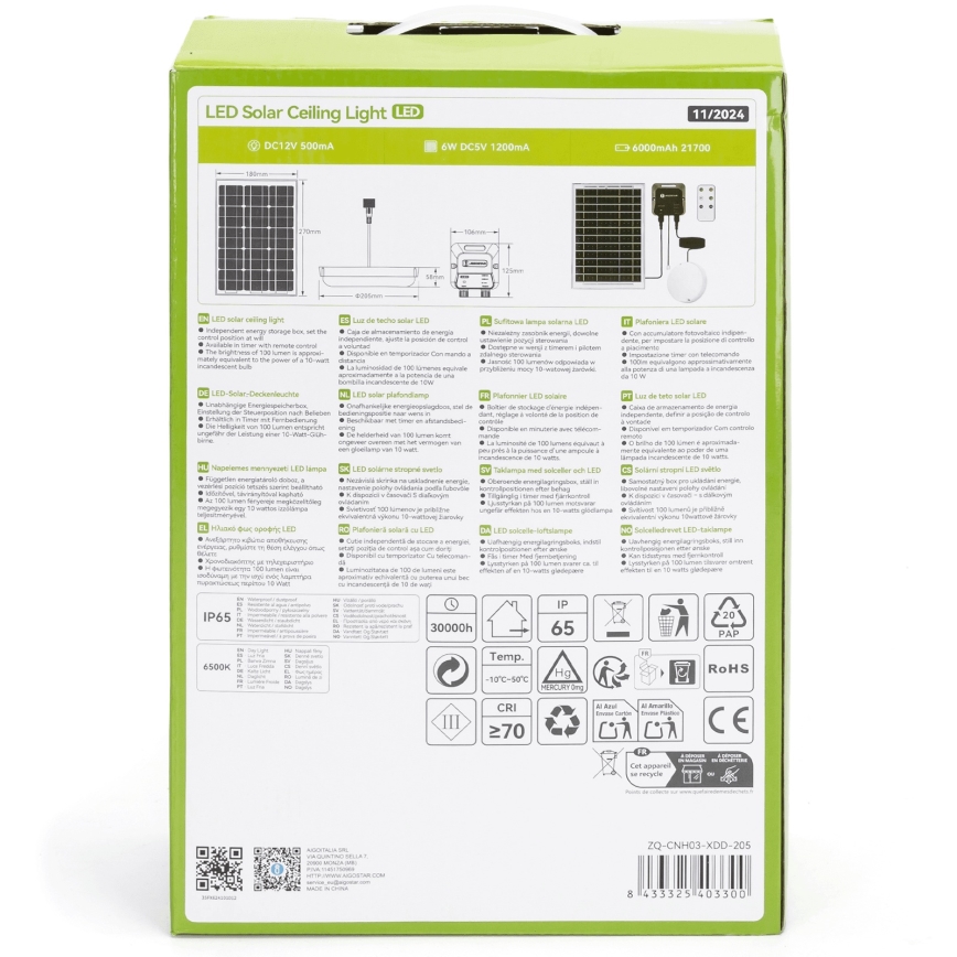 Aigostar - LED apšvietimas, įkraunamas saulės energija LED/70W/12V 6000 mAh 6500K diametras 20,5 cm + nuotolinio valdymo pultas