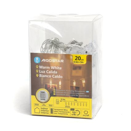Aigostar - LED dekoracinė girlianda su segtukais 20xLED/3xAA 3,3m šiltai balta
