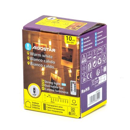 Aigostar - LED dekoratyvinė girlianda 10xLED/5W/USB 5 m šiltai balta