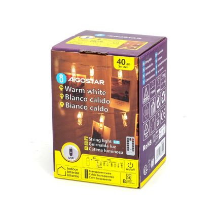 Aigostar - LED dekoratyvinė girlianda 40 LED/5 W/USB, 9 m, šiltai balta