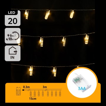 Aigostar - LED dekoratyvinė girlianda su segtukais 20xLED/3xAA 3,3m šilta balta