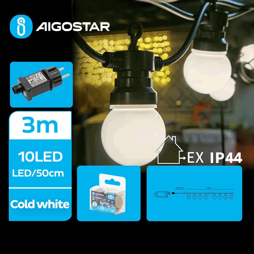Aigostar - LED Dekoratyvinė lauko girlianda 10xLED/3m IP44 šalta balta