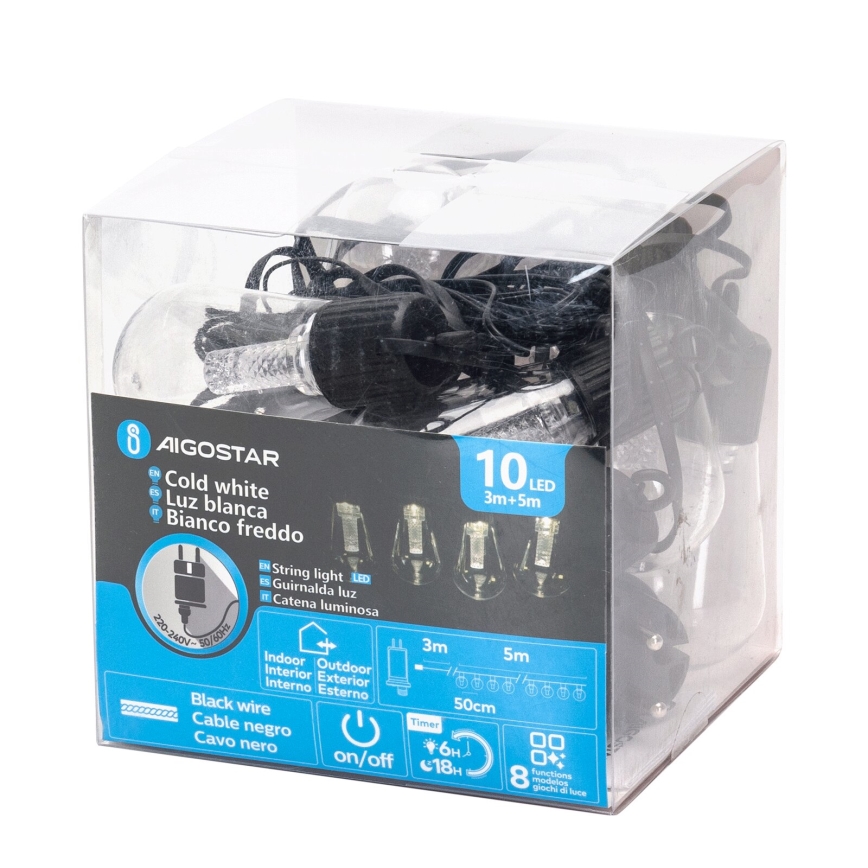 Aigostar - LED Dekoratyvinė lauko girlianda 10xLED/8m IP44 šalta balta