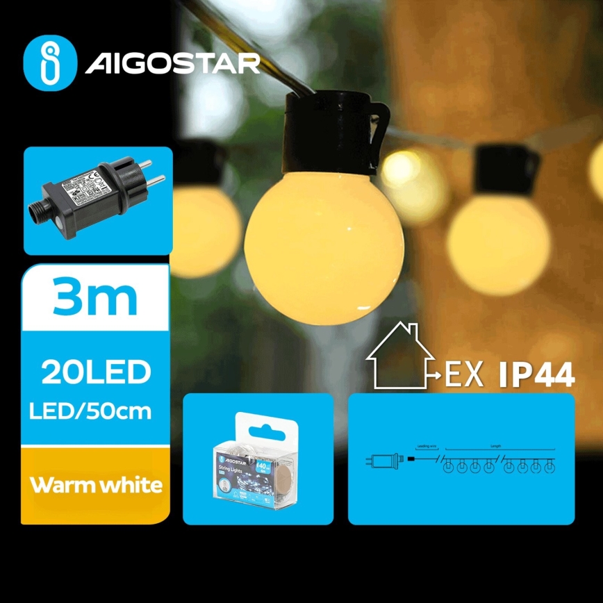Aigostar - LED Dekoratyvinė lauko girlianda 20xLED/3m IP44 šilta balta