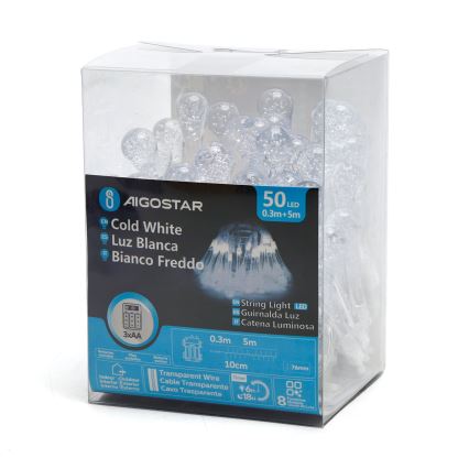 Aigostar - LED Dekoratyvinė lauko girlianda 50xLED/8 funkcijos 5,3m IP44 šalta balta