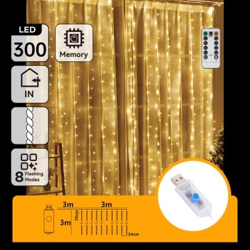 Aigostar - LED dimeriuojama kalėdinė girlianda 300xLED/8 funkcijų USB 6x3m šiltai balta + nuotolinis valdymas