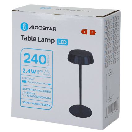 Aigostar - reguliuojama LED stalinė lempa AMBIENT LED/2,4W/5V 3000-6500K juoda 2000 mAh