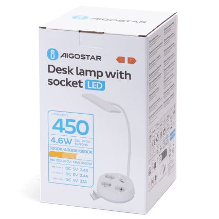 Aigostar - LED Dimeruojama stalinė lempa su lizdais ir USB LED/4,6W/230V 3000/4000/6500K balta