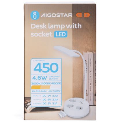 Aigostar - LED Dimeruojama stalinė lempa su lizdais ir USB LED/4,6W/230V 3000/4000/6500K balta