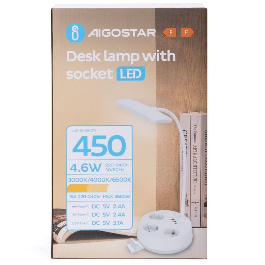 Aigostar - LED Dimeruojama stalinė lempa su lizdais ir USB LED/4,6W/230V 3000/4000/6500K balta