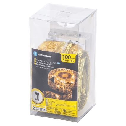 Aigostar - LED girlianda 100xLED/3xAA 10 m šiltai balta auksinė