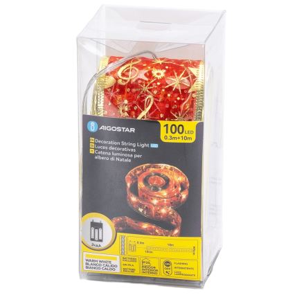 Aigostar - LED girlianda 100xLED/3xAA 10 m šiltai balta / raudona